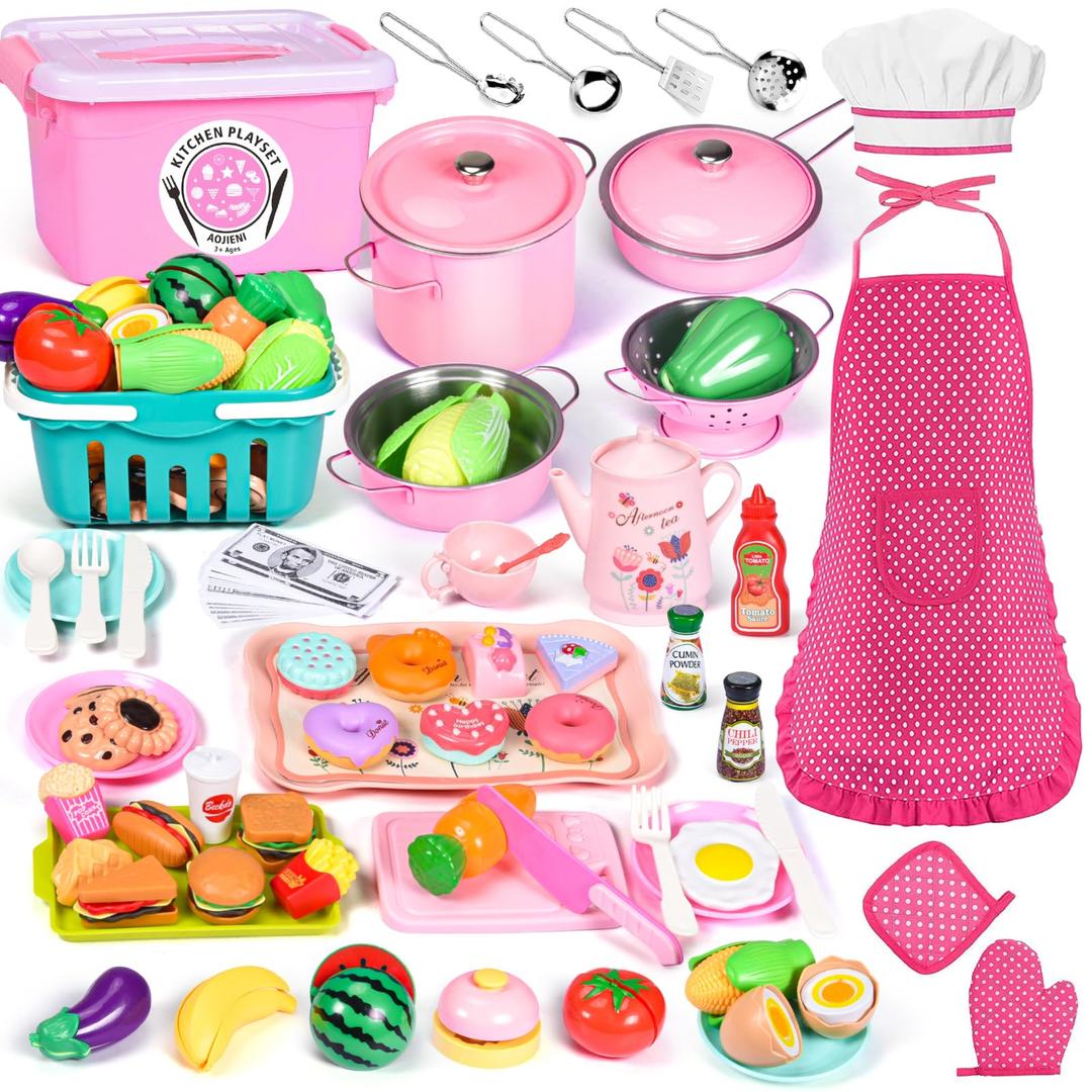 121Pcs Play Kitchen Accessories, Kids Kitchen Playset, Pretend Play Food Tea Party Set, Toy Kitchen Kids Cooking Real with Apron＆Chef Hat, Utensils Cookware Pots＆Pans, Toy Organizer, Toddler Toys Gift