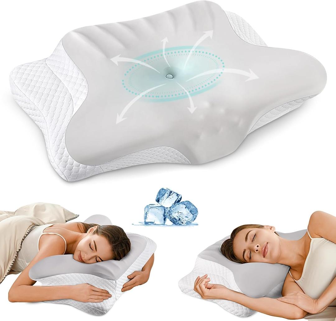 Cervical Neck Pillow for Pain Relief - Ergonomic Memory Foam Pillows for Sleeping, Cooling Side Sleeper Pillow for Neck Support, Contour Orthopedic Bed Pillow for Back Stomach Sleepers (Grey & White)