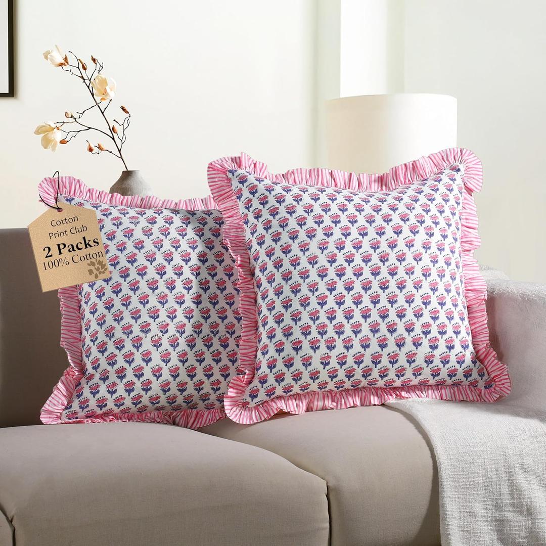 CPC Pink Sapphire Ruffle Throw Pillow Covers for Couch, 24x24 Inch Cotton Stripe Ruffle Couch Pillows for Living Room, Hidden 20 Inch Zipper Boho Pillow Case or Cute Outdoor Pillows