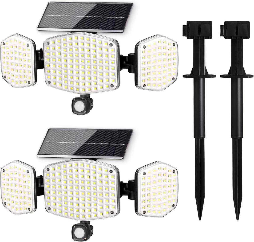 Solar Motion Sensor Outdoor Lights with Stakes, In-Ground or Wall Mount, 208 LED Super Bright IP65 Waterproof, 3 Heads 270 Wide Angle Solar Powered Security Flood Lights for Outside