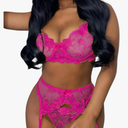 Kaei&Shi Floral Embroidered Mesh Sheer,Underwire Satin Bow,High Cut Thong,Belt Garter Lingerie, L