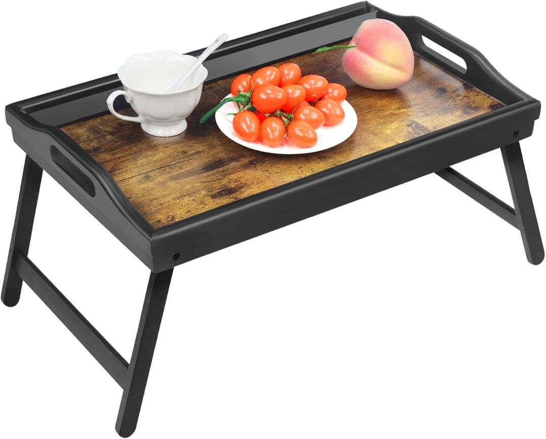 Tray Table for Bed, Bamboo Breakfast Serving Tray with Folding Legs and Handles, Laptop and Snack Bed Table with Cross Bar & Media Slot, Dark Brown with Black Legs, for Bedroom, Sofa, Kitchen