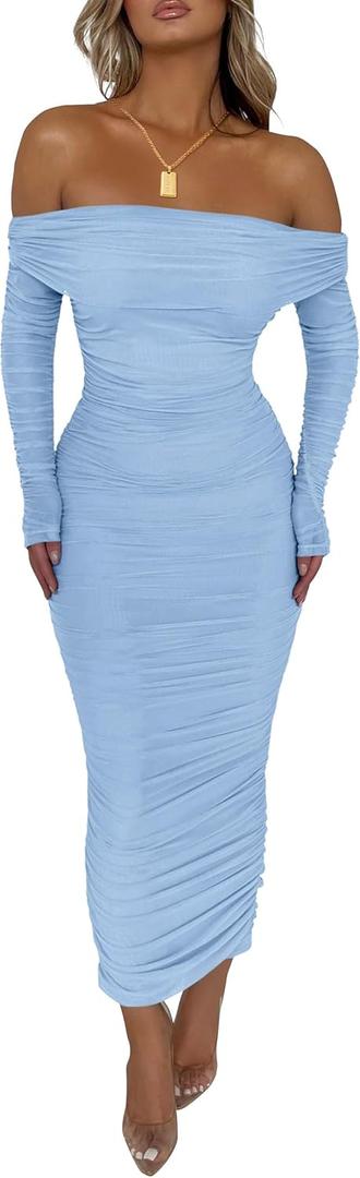 PRETTYGARDEN Women's Fall Off The Shoulder Maxi Dress Spring Long Sleeve Ruched Fitted Bodycon Club Dresses with Slit (Medium, Light Blue)