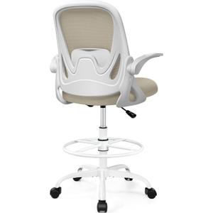 Drafting Chair Tall Office Chair with Flip-up Armrests, Adjustable Height, and Enhanced Lumbar Support - Ergonomic Rolling Stool, Back Support, and Adjustable Foot Rest Ring for Standing Desk Khaki