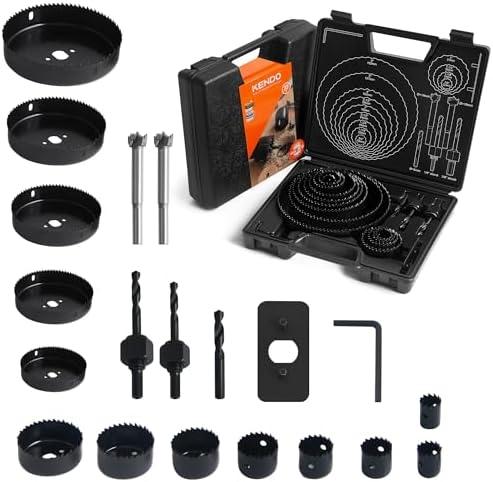 KENDO Hole Saw Set,23Pcs Hole Saw Kit with 3/4" to 6" (19-152mm) Saw Blades,Forstner Bit Set,Mandrels,Drill Bits,Installation Plate,Hex Key for Soft Wood,Plastic,PVC Board,Drywall with Storage Case