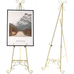 57" Large Gold Easel Stand for Sign with Fleur De Lis Design, Metal Easel Display Stand with Adjustable Hook & Chain, Heavy Duty Easel for Mirror, Sign, Wedding, Picture (No Installation Required)