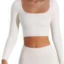 Women's Basic Long Sleeve Square Neck Crop Top Double Lined Slim Fit T-Shirt, S, White