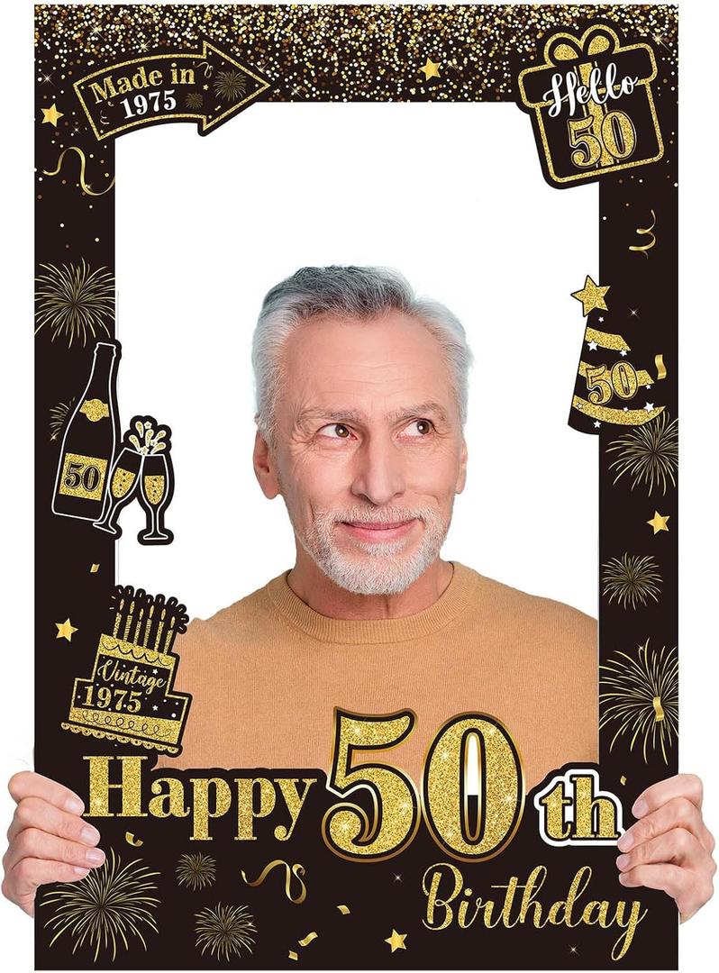 Jetec 50th Birthday Party Photo Booth Frame Decorations Black and Gold Happy 50th Birthday Picture Frame Props for Men Women Birthday Party Supplies