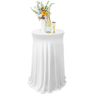 Tegeme 1 Pack 32 x 43 Inch Round Spandex Cocktail Tablecloths with Skirt Cocktail Round Table Cover Spandex Stretch Tablecloth for Fitted High Top Table Bar Wedding Party Banquet (White)