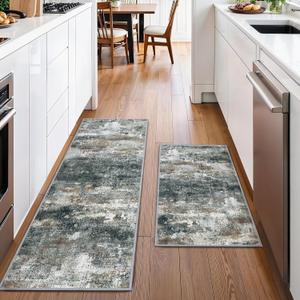 GENIMO Kitchen Rugs Sets of 2 Non Slip Washable Kitchen Mats for Floor, Waterproof Abstract Kitchen Runner Rug, Floor Mat Carpet for Hallway, Laundry, Sink, Entryway, Bathroom, Black/Brown