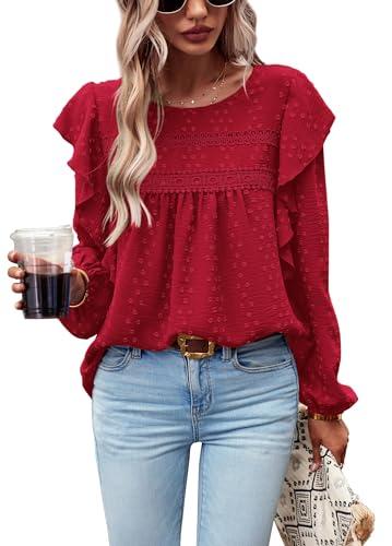 PRETTYGARDEN Women's Long Sleeve Blouses Ruffle Swiss Dot Crochet Loose Fit 2026 Spring Fashion Tunic Dressy Casual Tops (Red, XL)
