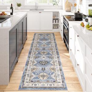 Dripex Vintage Runner Rug-2x8 Washable Distressed Hallway Runner Oriental Medallion Carpet Non-Slip Stain-Resistant Kitchen Mat Foldable Thin Accent Rug for Entrance Living Room Bedroom (Blue/Gold)