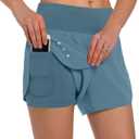 Ksmien Women's 2 in 1 Running Shorts - Lightweight Athletic Workout Gym Yoga Shorts Liner with Phone Pockets (Medium, Denim Blue)