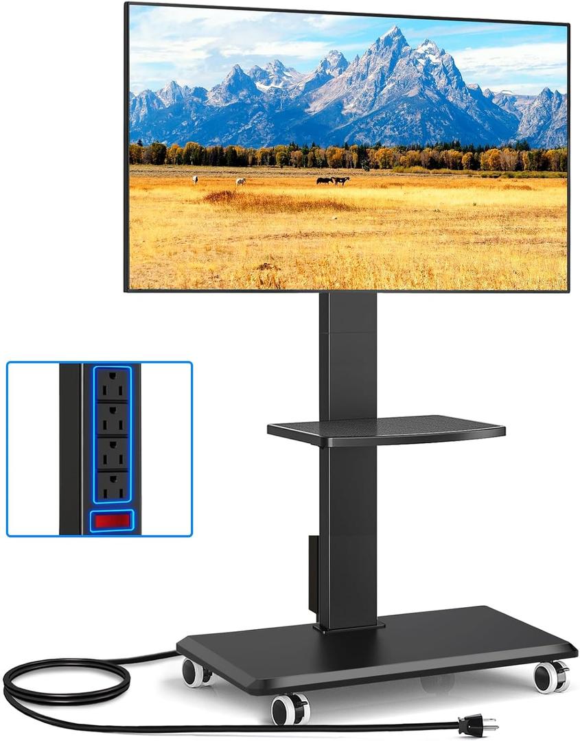 Rfiver Mobile TV Stand 32-75 Inch with Power Outlet and Shelf, Black
