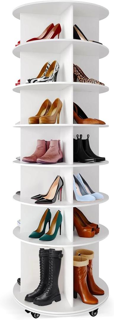 360 Degree Rotating Shoe Cabinet with Wheels, With a Bottom Height Increase of 10 cm/3.9 inches. With 6 Spinning Shoe Racks and 1 Rack for Boots