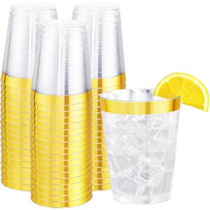 I00000 60PCS Gold Plastic Cups, 10 oz Clear Disposable Cups with Golden Trim, Heavy-Duty Disposable Hard Plastic Wine Glasses Cocktail Glasses Perfect for Wedding & Party (10-Gold-60)
