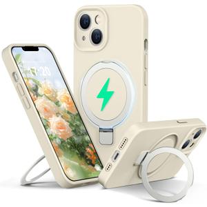 Liquid Silicone Case for iPhone 13 with Magnetic Ring Stand, Upgraded Camera Lens Protection, Mil-Grade Drop Shockproof, Soft Anti-Scratch Microfiber Lining Silicone Case (Beige)