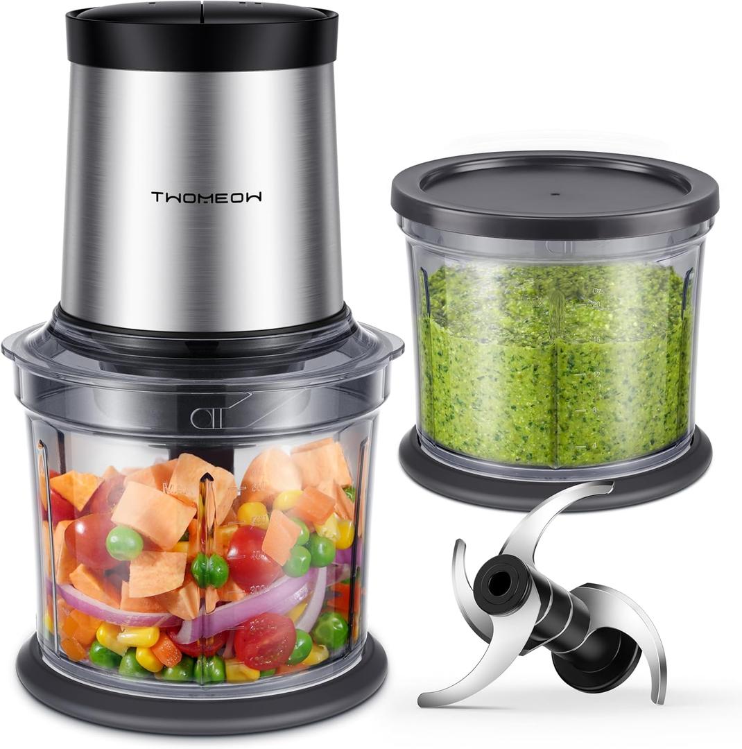 TWOMEOW Food Processor 4 Cup, Electric Food Chopper, 【Small but Powerful】Meat Grinder with 2 Bowls, 2 Speed & 4 Blades for Vegetable, Meat, Nuts, Functions for Chopping, Dicing, Mixing and Puree