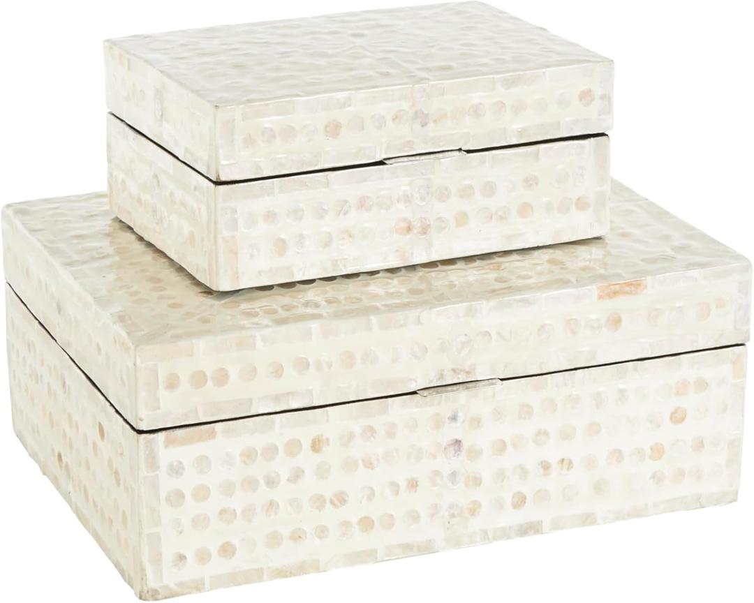 Deco 79 Mother of Pearl Shell Geometric Handmade Decorative Box Mosaic Dot Storage Decorative Keepsake Box with Brown Accents, Set of 2 Storage Box 12", 8"W, Cream