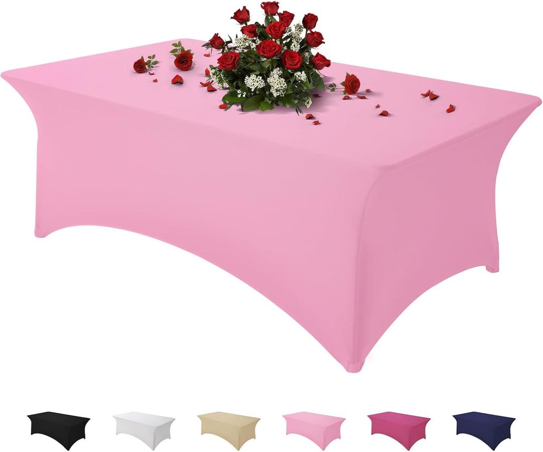 Table Cloth Pink 6FT Spandex Tablecloth for Rectangle Fitted Table Cloths Stretch Covers Washable Wrinkle Free Tablecloths for Festival Camping Picnic Wedding Party