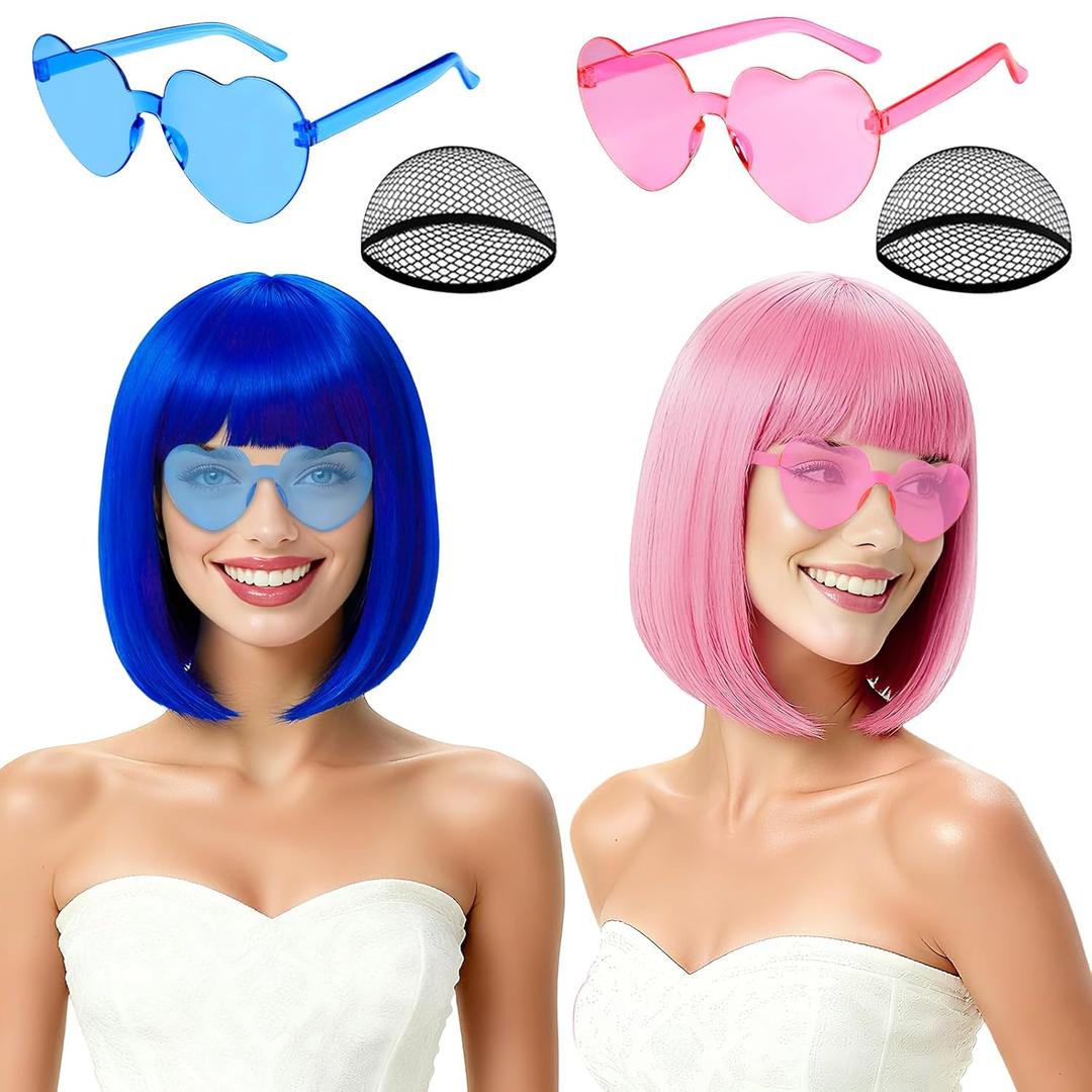2 Pack Colored Bob Wigs and Heart Sunglasses Set, Blue Pink Short Straight Bob Wig with Bangs Neon Party Colorful Synthetic Hair for Women Men Halloween Costume Bachelorette Party Favors