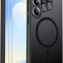 Ezanmull for Samsung Galaxy S25 FE Case Magnetic Shockproof, [Fit for MagSafe] [Glass Screen Protector + Camera Lens Protector] Translucent Anti-Fingerprint (Black)