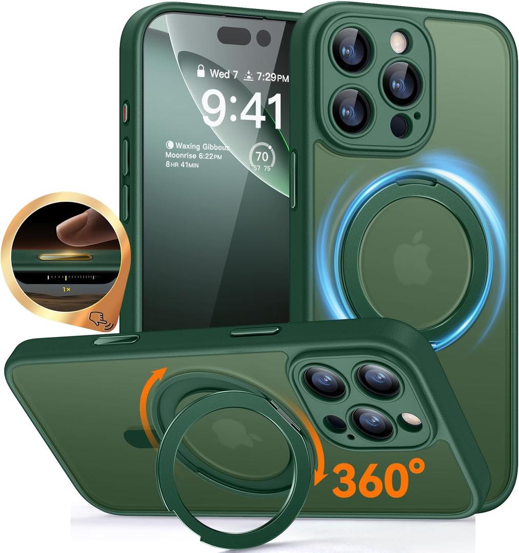 CANSHN 360 Spin Magnetic Stand for iPhone 16 Pro Case with Camera Control [Full Camera Protection] [Compatible with Magsafe] Translucent Matte Shockproof Protective Phone Cover 6.3" - Deep Green
