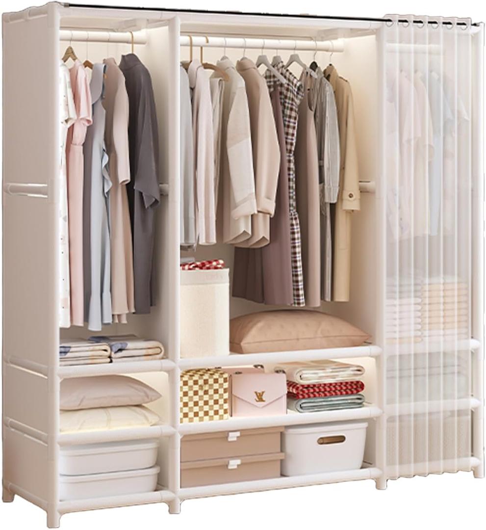 Portable Closet,Portable Closets for Hanging Clothes,Japanese Style Wardrobe with 3 Hanging Rods,9 Storage Shelves,56.2" L x 17.7" W x 65.1" H,White
