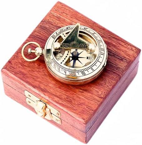 Marine Sundial Compass with Antique Nautical Solid Pocket Compass in Box Vintage Polish with Brass Finish Navigate Device Collection