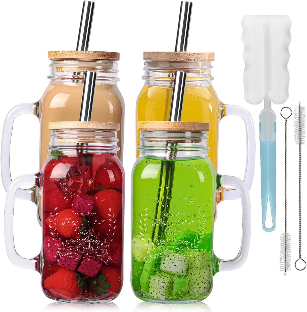 Yirilan 4 Pack 24Oz Mason jar cups with lids and straws, Mason Jars with Handle, Mason Jar Drinking Glasses with Lid and Straw, Mason Jar Mugs (4 Count (Pack of 1))