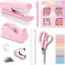 Pink Desk Accessories, Pink Office Supplies Accessories with Tape Dispenser, Stapler, Staple Remover, 1000 Staples, Tape, Clips Set, Ruler, Scissor, Pen