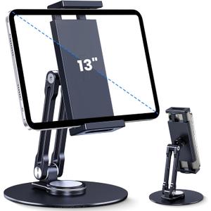 Tablet Stand Holder for iPad, Adjustable with 360 Rotating Base for Desk, Aluminum Swivel Tablet Stand Compatible with iPad Air, Mini, 10.2,9.7, Pro 11/13 and More (Black)