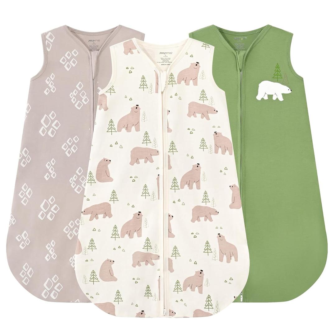 JELLYMONI Baby Sleep Sack 0-6 Months, 100% Cotton 3 Pack 0.5 TOG Baby Wearable Blanket Infant Sleep Sack with 2-Way Zipper Newborn Sleep Sacks (Small, Bear/Triangle/Green)