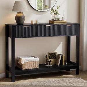 Nasonet Fluted Console Table, Wooden Sofa Table with Storage and Drawers, Farmhouse Behind Couch Table Entryway Table for Entrance, Hallway, Living Room, Black, 43.3 Inches X 11.8 Inches X 31.5 Inches