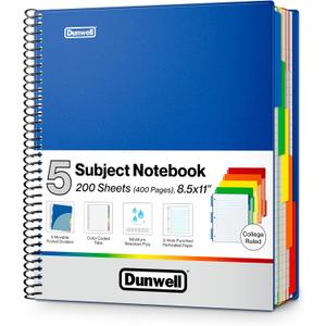 Dunwell 5-Subject Spiral Notebook, College Ruled (Blue), Colorful Movable Pocket Dividers with Tabs, Front/Back Plastic Covers, 200 Sheets (400 Pages) of 3-Hole Punch Perforated 8.5x11 Paper 