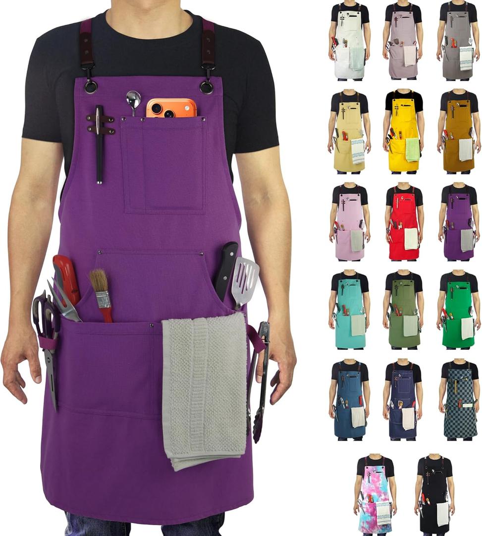Kitchen Apron, Work Apron, Canvas, Multiple Pockets, Gardening, Painting, BBQ, Artist, Carpenter, Sizes M to XXL, Purple (Purple, XXL)