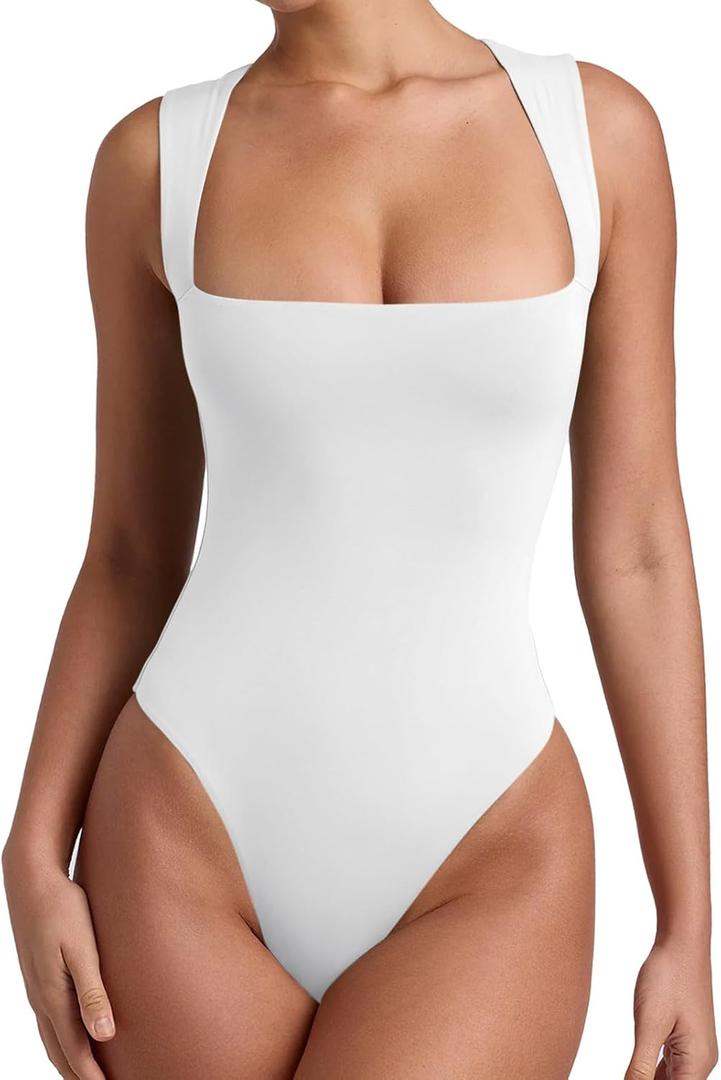 REORIA Butsmooth Womens Sexy Sleeveless Square Neck Double Lined Basic Bodysuit Tank Tops (XX-Large, White)