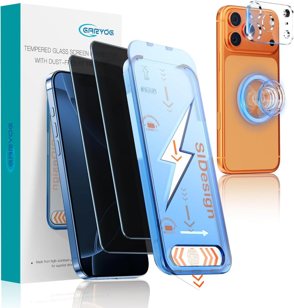 GARYOG 2 Pack Privacy Screen Protector for iPhone 17 Pro Max,25 Anti-Spy Tempered Glass with Camera Protector & Magnetic Ring - Easy Installation | Military-Grade 9H Hardness | Scratch-Resistant.