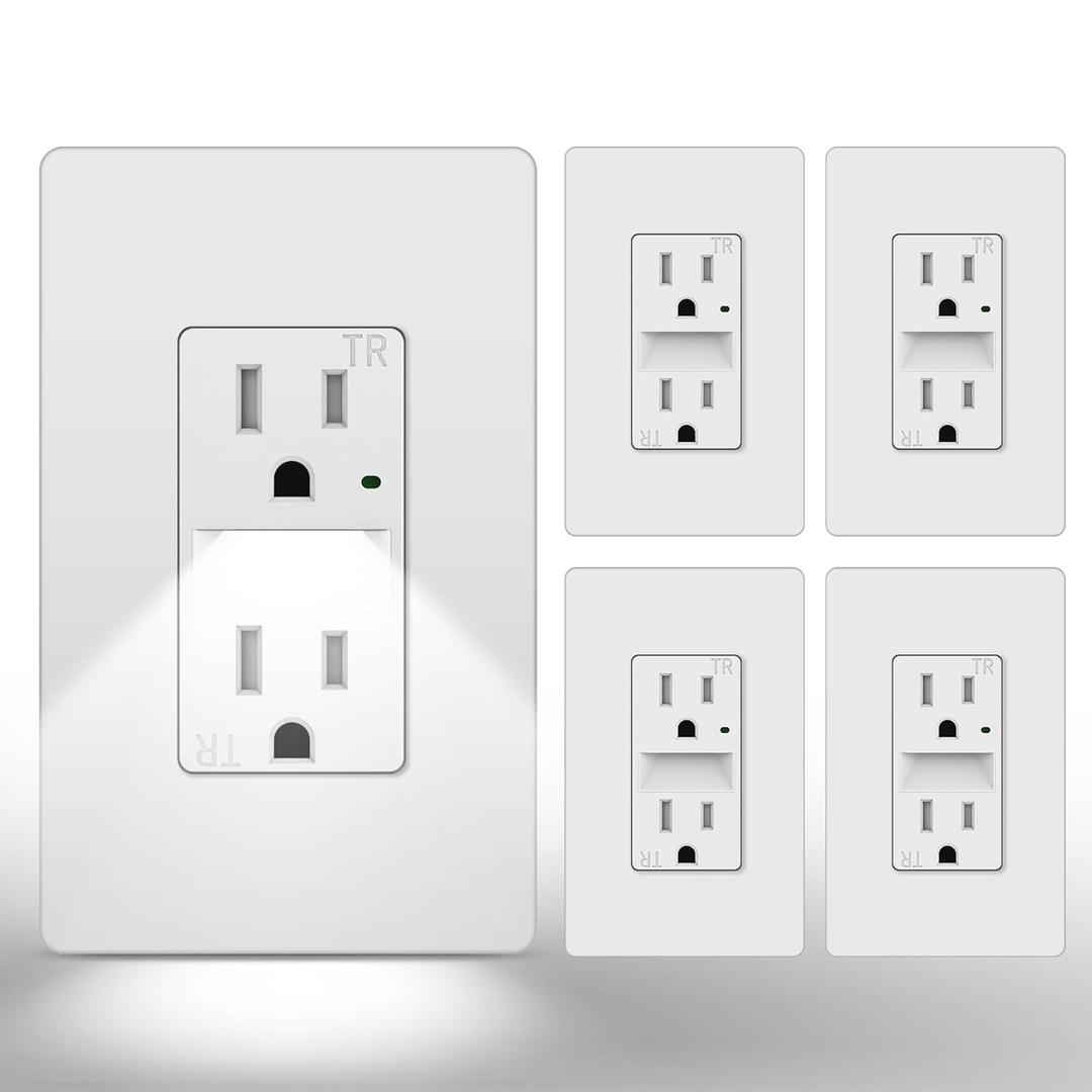 CML Outlet with Night Light, 15 Amp Decorator Receptacle with LED Guide Lights and Dusk to Dawn On/Off Sensor, Tamper Resistant Electrical Outlets w/Screwless Wall Plate, ETL Listed, 5 Pack, White