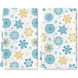 AnyDesign Winter Kitchen Dish Towel 18 x 28 Inch Gold Blue Snowflake Dishcloth Vintage Decorative Hand Drying Tea Towel for Baking Cooking Home Kitchen Decor Housewarming Gift, 2Pcs