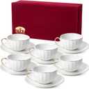 BTaT- Cappuccino Cups with Saucers 7 oz with Gift Box, Set of 6, White Porcelain Coffee Cup and Saucer Set for Latte with Golden Trim Design, Dishwasher Safe, Mocha, Tea, Mothers Day Gift