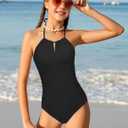 Girls One Piece Swimsuits Modest Padded Girls Bathing Suit Adjustable Straps Solid Full Coverage Swimwear Kids 9-16 (9-10 Years)