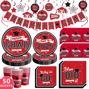 DAZONGE Graduation Decorations 2025 Red and Black, Disposable Tableware Kit for 50 Guests, Plates, Napkins, Cups, Tablecloth and Hanging 2025 Graduation Party Decorations