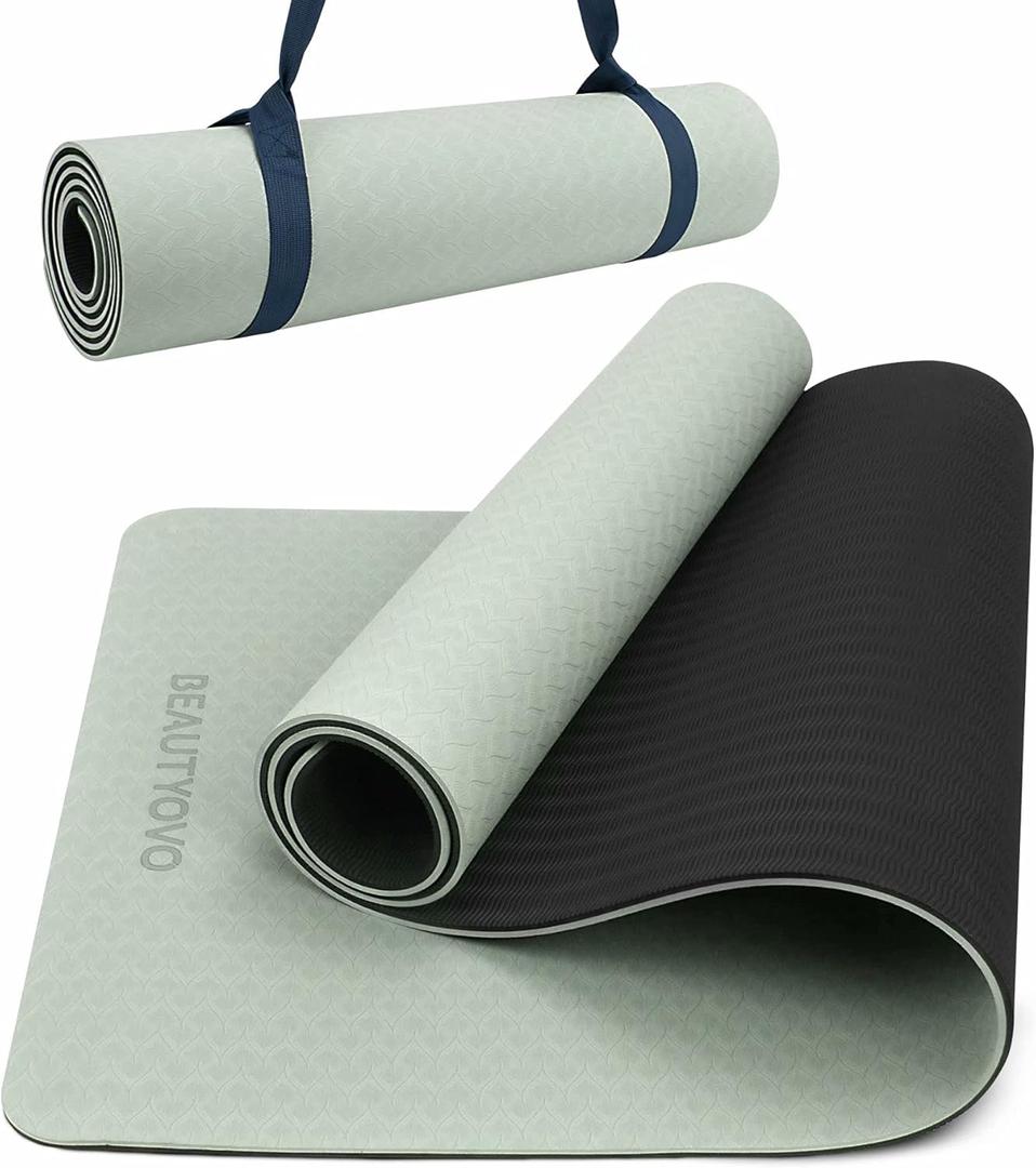 BEAUTYOVO Yoga Mat with Strap, 1/3 Inch Extra Thick Yoga Mat Double-sided Non Slip, Professional TPE Yoga Mats for Women Men, Workout Mat for Yoga, Pilates and Floor Exercises (Matcha Green & Graphite Grey)