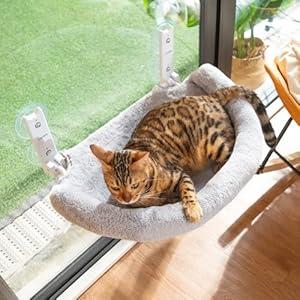 CATISM Cat Window Perch - Cat Hammock - Window - Seat - Home - Cat Window Hammocks Bed for Indoor Cats, 4 Suction Cups, Reversible Cover, Foldable, Cordless (Gray, Cushion Bed)