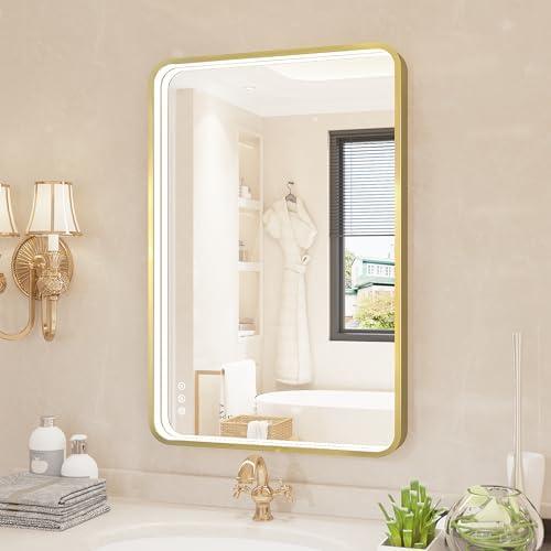 Twalsu LED Bathroom Mirror with Lights, 24x36 Inch Gold Metal Framed LED Mirror for Bathroom, 3 Colors and Stepless Dimmable Wall Mounted Lighted Bathroom Vanity Mirror, Anti-Fog, Memory