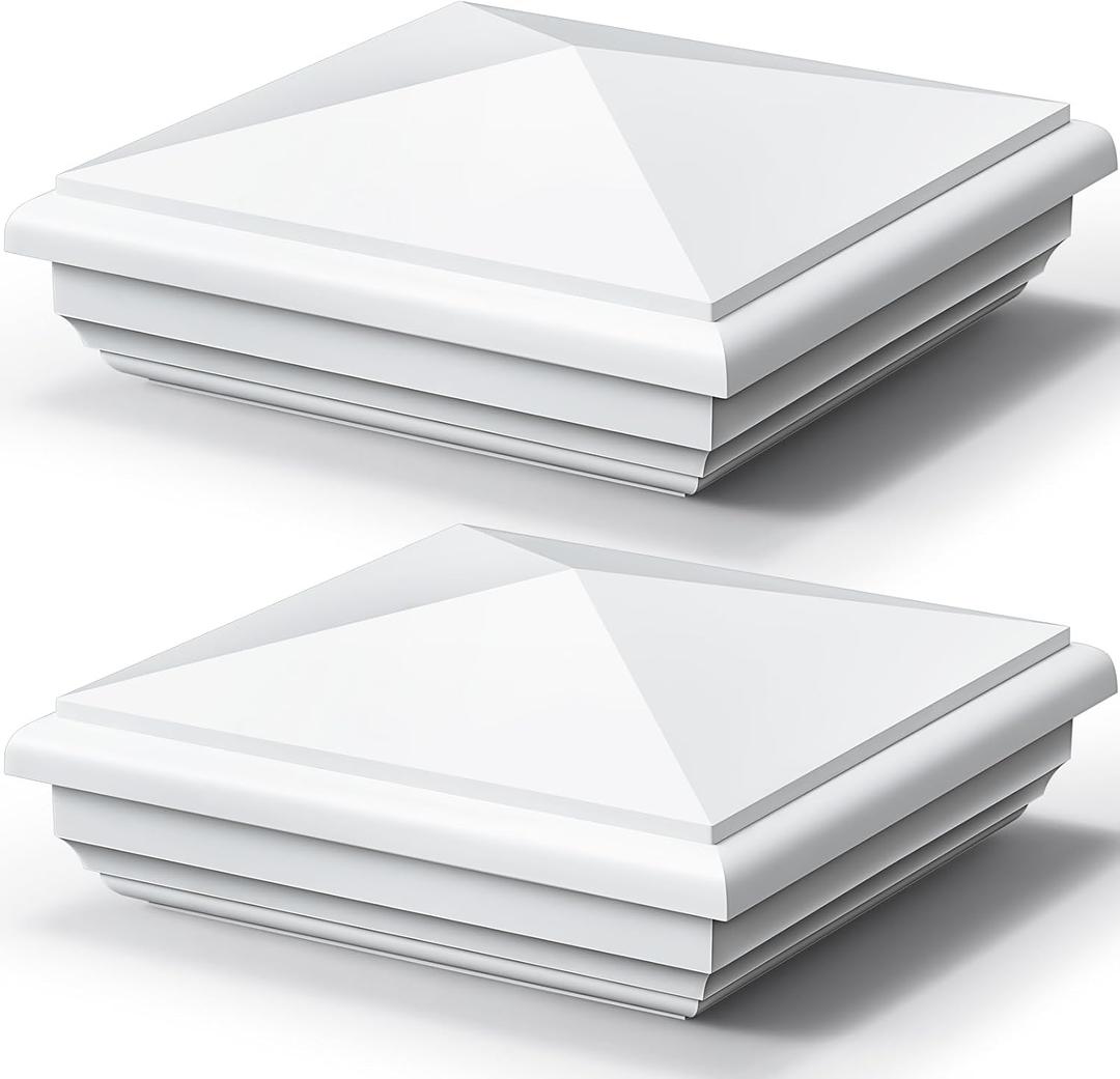 Sasylvia 2 Pcs 5 x 5 Inch Vinyl Fence Post Caps (Actual 5x5), White PVC England Style Cap Top Pyramid Square Waterproof UV Resistant Decorative Vinyl Fence Post Caps