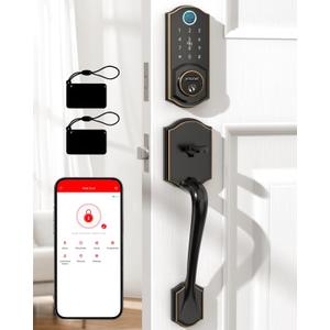 Smart Door Lock with Handle Set: SMONET Front Door Lock Set Keyless Entry, Fingerprint Keypad Bluetooth Alexa Deadbolt Lockset Suitables for Rental Management and Smart Home Residents