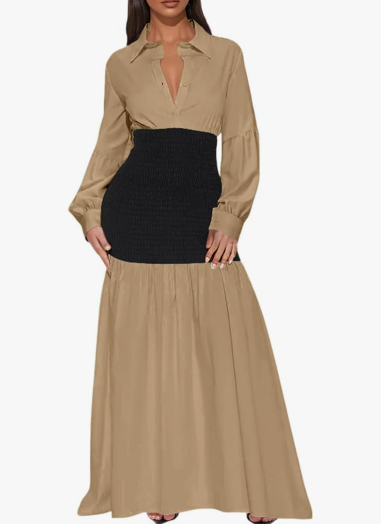 Ekaliy Women's Puff Long Sleeve Shirt Dress Elegant Button Down Loose Swing Party Maxi Dress Khaki XL