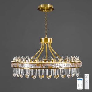 Gold Round LED Crystal Chandelier for Dining Room - 21.6" Luxury 3 Colors Stepless Dimmable Chandeliers,Modern Adjustable Height Pendant Ceiling Light Fixture for Living Room Foyer With Remote Control